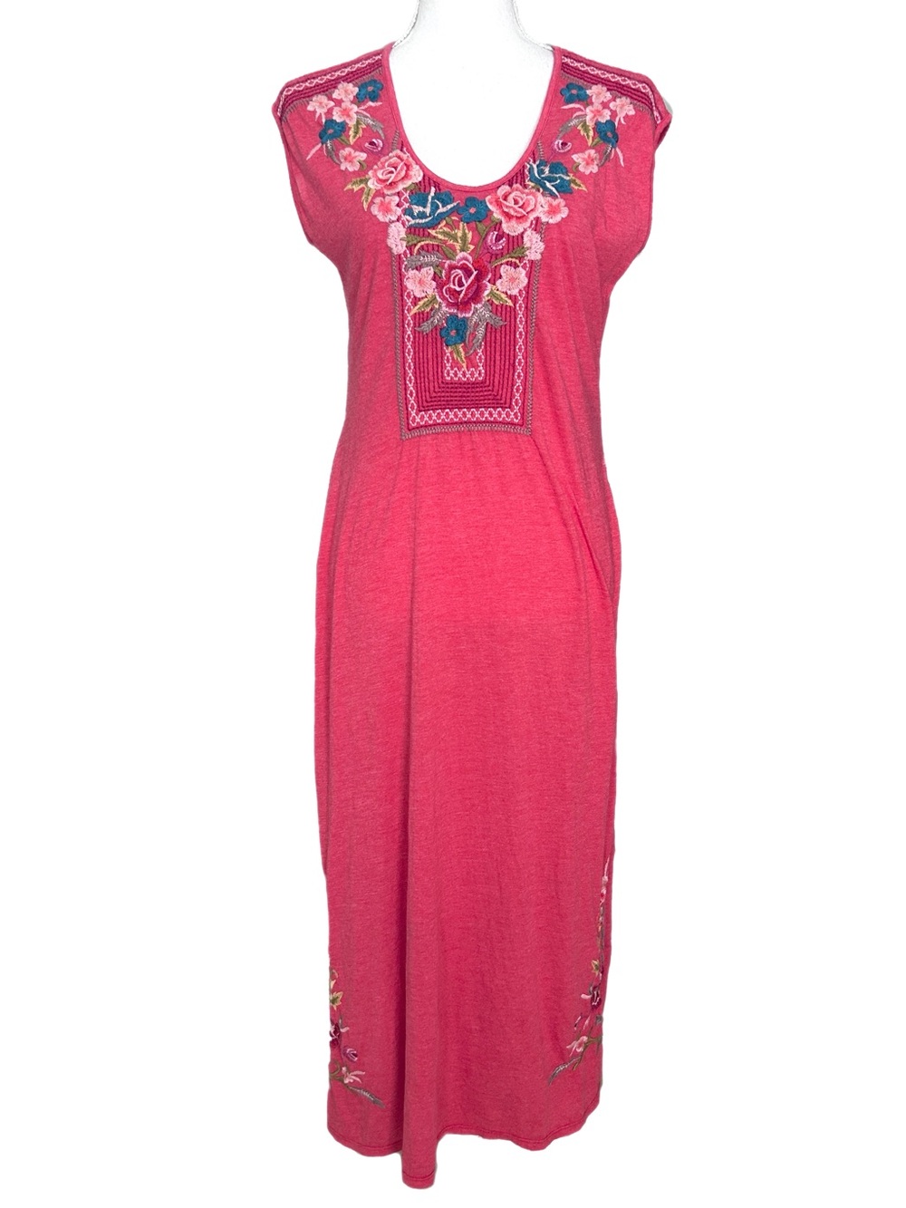 Johnny Was Floral Embroidered Maxi Dress Medium Boho Cottagecore Coral Summer